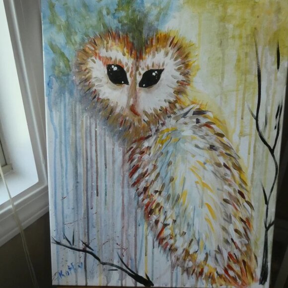 Acrylic Painting OWL in the Woods Impressionism Expressionism Original by Artist - Picture 3 of 9